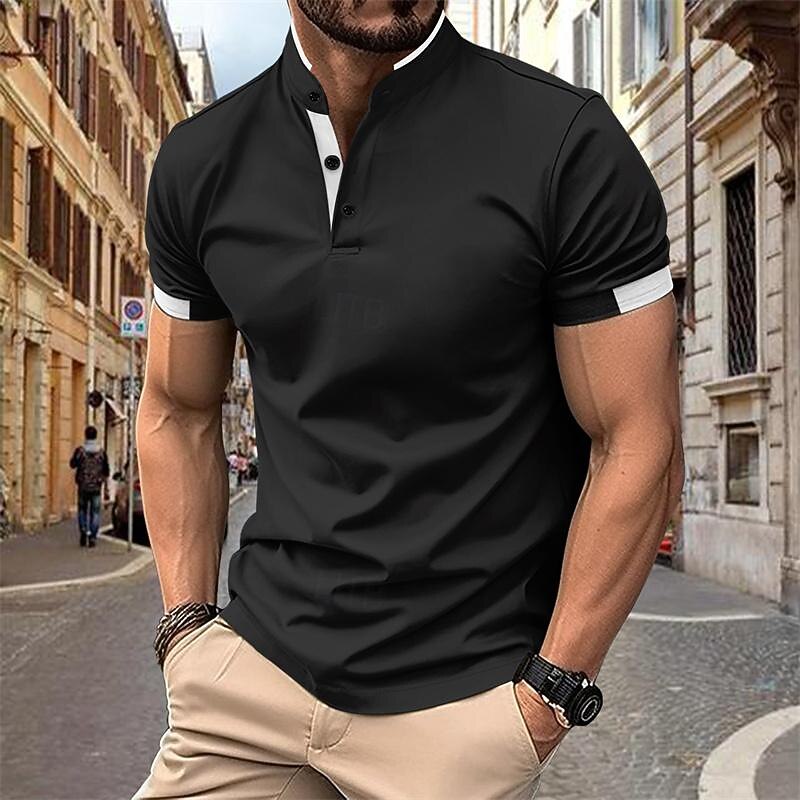 Men's Golf Shirt Golf Polo Work Casual Stand Collar Short Sleeve Basic Modern Color Block Patchwork Button Spring & Summer Regular Fit Black White Navy Blue Sky Blue Khaki Gray Golf Shirt2