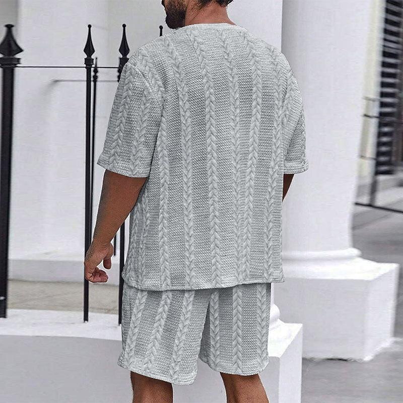 Men's T-shirt Suits 2 Pieces Outfits Tee & Shorts Short Sleeve Crewneck Summer Plain Fashion Casual 2 Piece Jacquard Vacation Daily Wear Going out Black White Khaki Top Tee for Men3