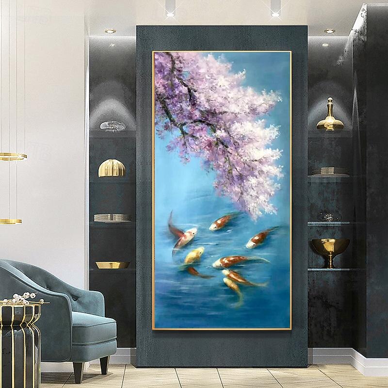 Koi Fish Abstract Oil Painting Fish Original Fine Art Hand painted Goldfish Oil Artwork Animals Cherry blossoms Wall Art Decor For Home Gifts for Her Rolled Canvas (No Frame)3
