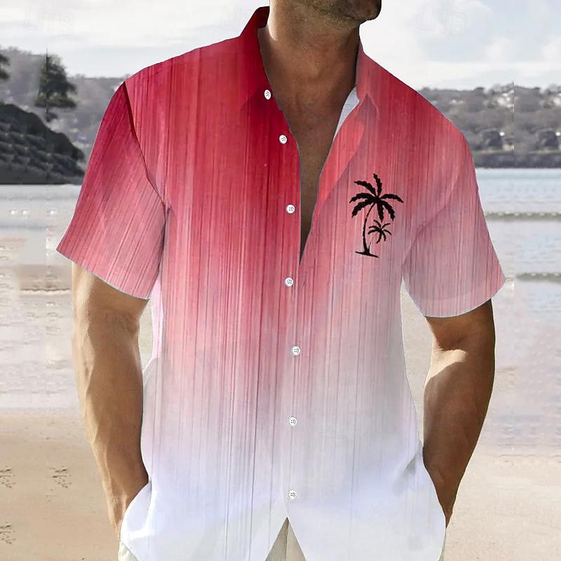 Color Gradient Palm Tree Men's Resort Hawaiian 3D Printed Shirt Button Up Short Sleeve Summer Shirt Vacation Daily Wear S TO 3XL2