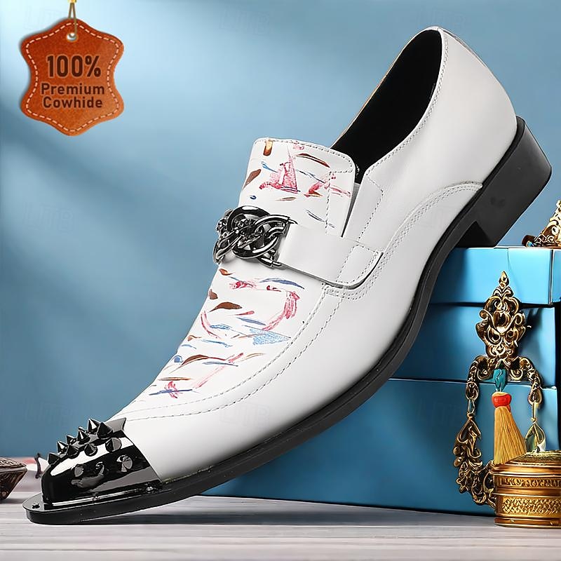 Men's Premium Cowhide Leather Punk Style Loafers - Artistic Print Slip-On Shoes with Decorative Buckle and Spiked Metal Toe Cap
