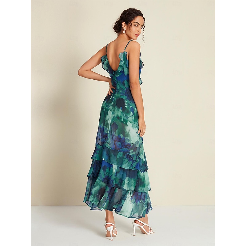 Chiffon Wedding Guest Floral Ruffle Split Ends Sleeveless Maxi Dress3