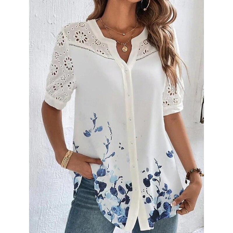 Women's Shirt Blouse Dressy Tops Casual Floral Buttons Cut Out Print Short Sleeve Regular Tops V Neck Vacation Daily Black Pink Blue Light Blue Summer3