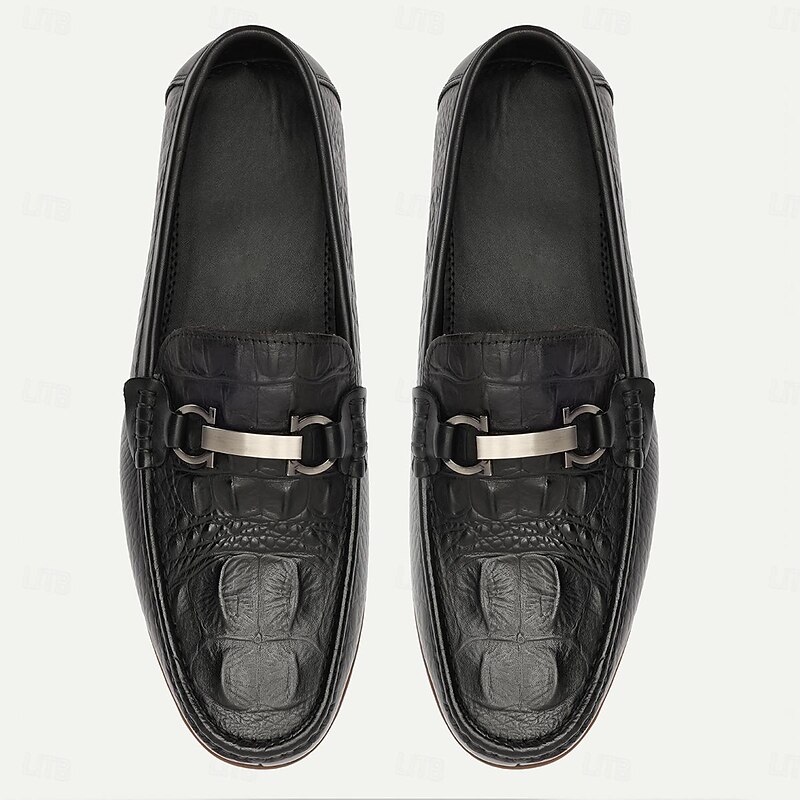 Men's Crocodile Pattern Leather Slip-On Loafers - Stylish Black Driving Shoes with Metal Bit4