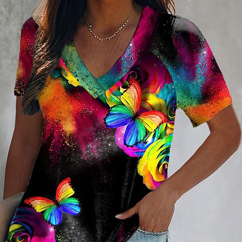 Women's T Shirt Basic Butterfly Print Short Sleeve Regular Tops V Neck Daily Weekend Yellow Blue Light Blue Summer2
