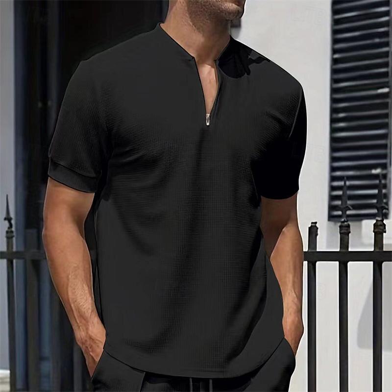 Men's Waffle Polo Shirt Quarter Zip Polo Daily Holiday Quarter Zip Short Sleeve Fashion Basic Plain Spring & Summer Regular Fit Black White Royal Blue Light Grey Apricot Waffle Polo Shirt3
