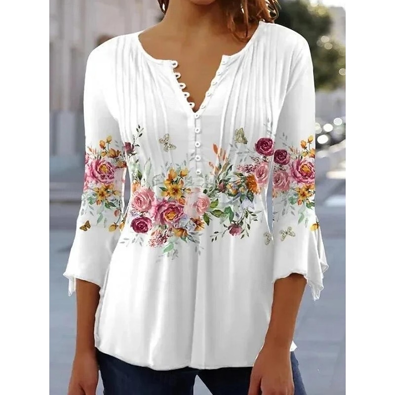 Women's T shirt Long Sleeve Basic Floral Buttons Print 3/4 Length Sleeve Regular Tops Round Neck Casual Holiday White Prefall