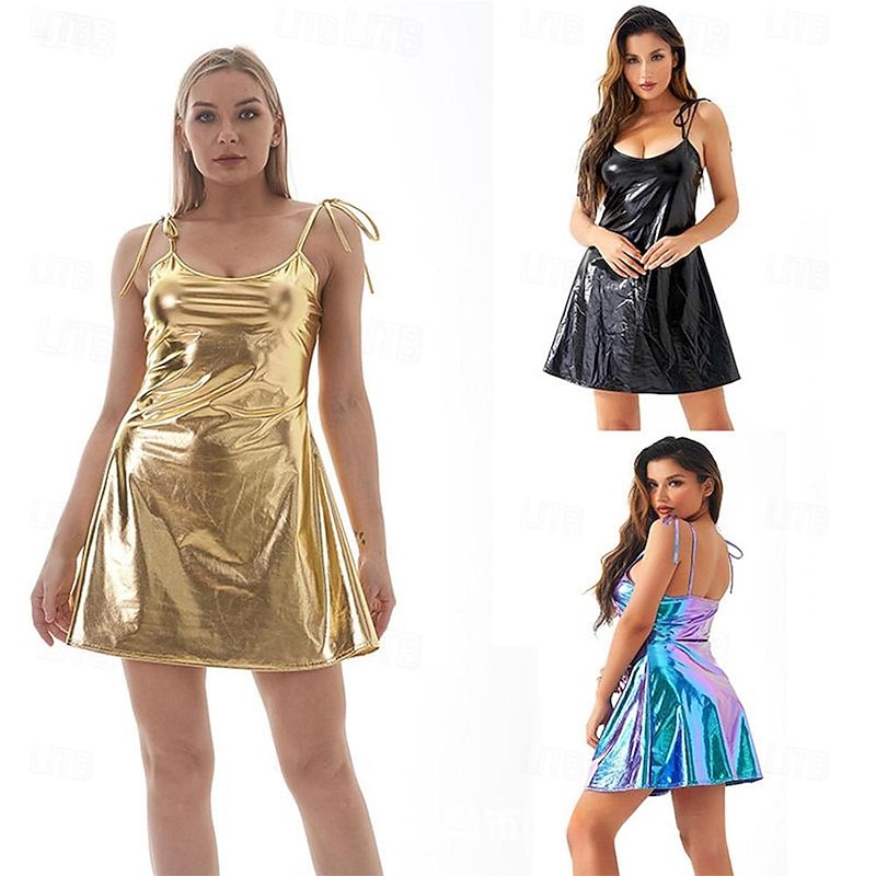 Metallic 1980s Shiny Latex Patent Mini Dress Disco Fancy Dress Women's Carnival Costume Halloween Carnival Masquerade Party / Evening Pride Parade Pride Month Adults Dress