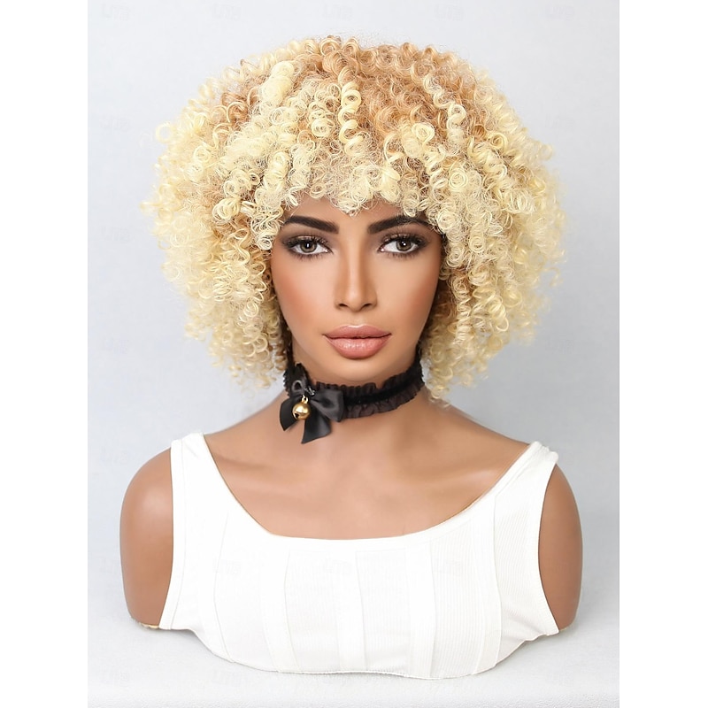 Synthetic Wig Water Wave Bob Neat Bang Wig 12 inch Light golden Synthetic Hair Women's Blonde Multi-color2