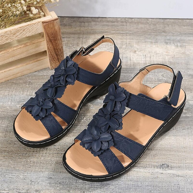 Women's Navy Blue Floral Sandals - Stylish Flat Shoes with Flower Accents for Casual Summer Wear2