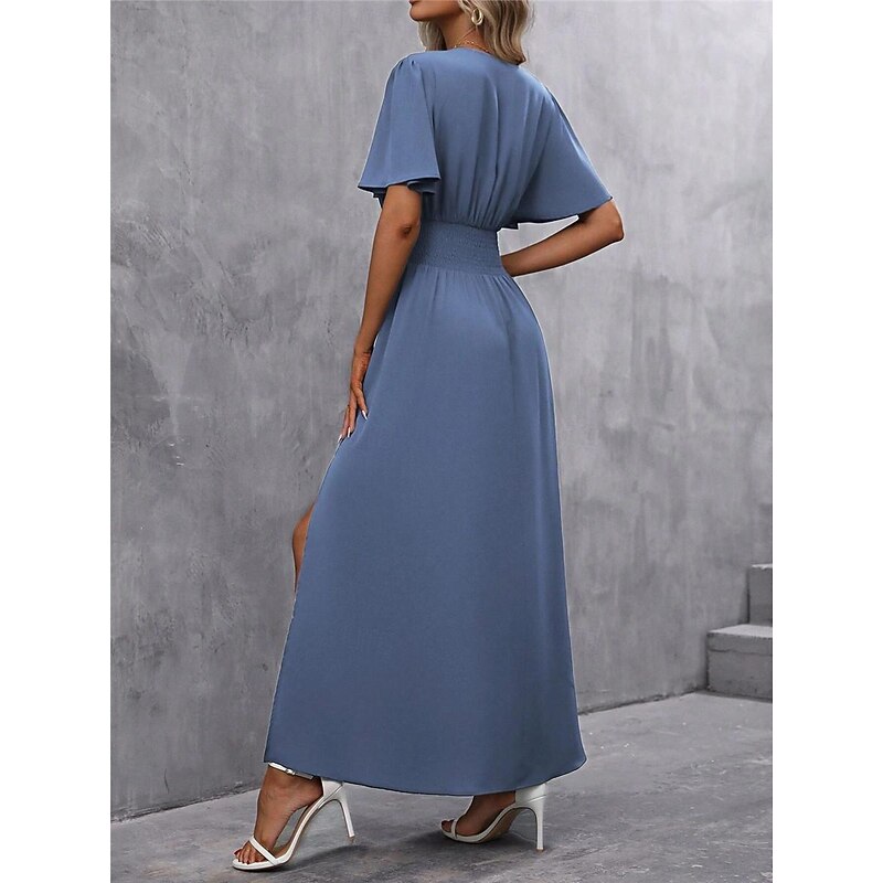 Women's Summer Dress Maxi Dress Split High Waist Wedding Party Elegant Formal V Neck Short Sleeve Blue Color2