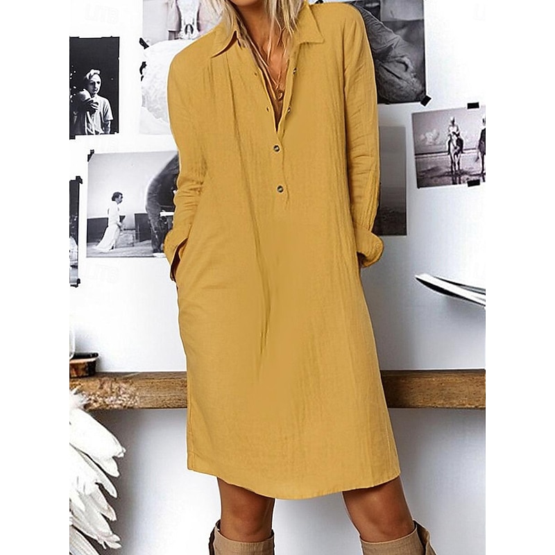 Women's White Yellow Navy Blue Summer Spring Midi Dress White Dress Shirt Dress Cotton Linen Dress Basic Modern Daily Weekend Loose Fit Plain Shirt Collar4