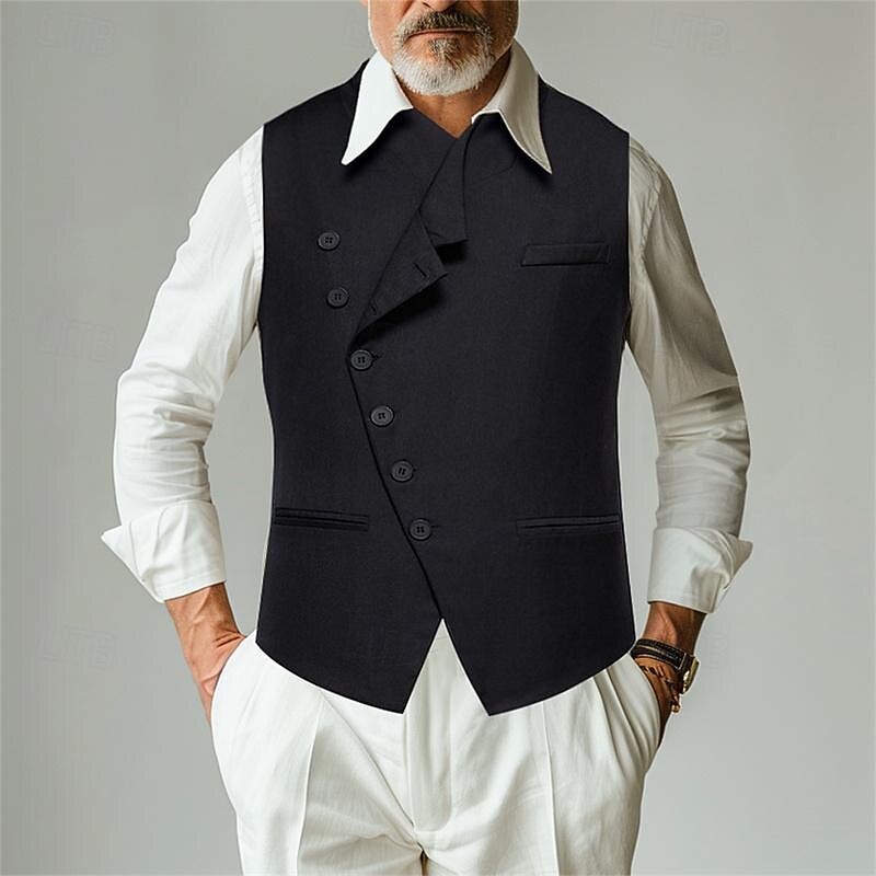 Men's Vest Gilet Wedding Event / Party Daily Fashion Business Spring & Summer Button Pocket Polyester Comfortable Plain Single Breasted One-button Lapel Regular Fit Black Gray Vest2
