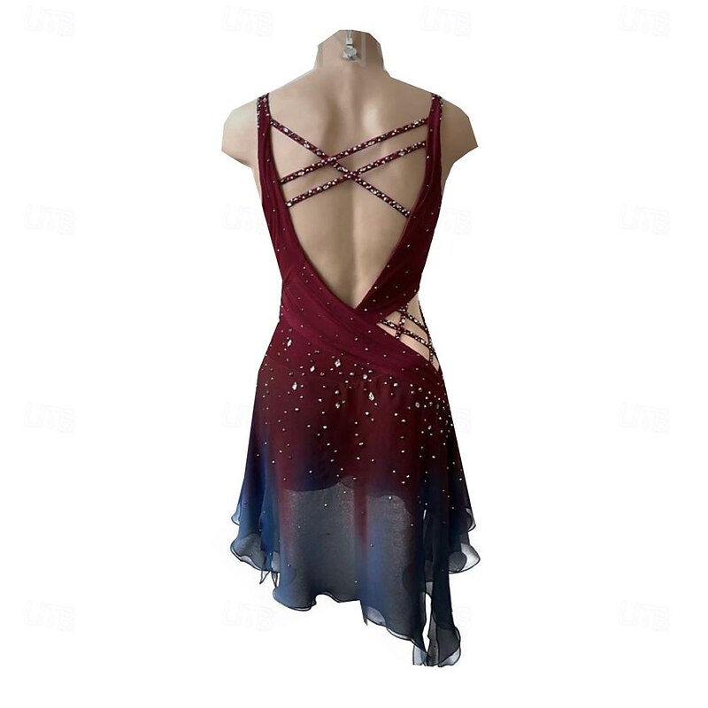 Figure Skating Dress Women's Girls' Ice Skating Dress Burgundy Thumbhole Halo Dyeing High Elasticity Professional Competition Skating Wear Thermal Warm Crystal / Rhinestone Long Sleeve Ice Skating3