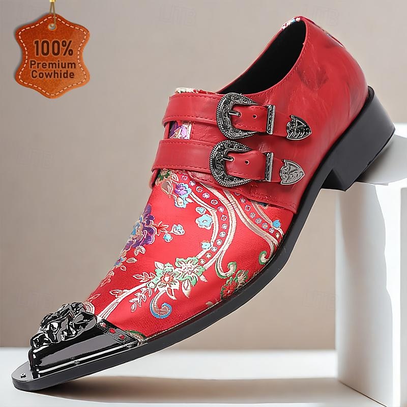 Men's Premium Cowhide Leather Punk Style Monk Strap Shoes - Red Floral Embroidered Double Buckle Slip-On with Metal Toe Cap
