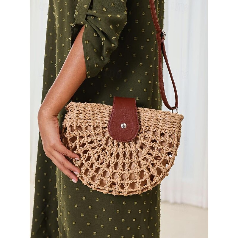 Handwoven Straw Crossbody Bag with Leather Closure - Casual Summer Beach Accessory for Women2