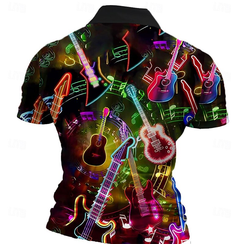 Music Festival Men's Guitar Polo Shirts Golf Shirt Short Sleeve Polo Shirts Collared Shirts Vacation Wear Festival Wear Party Outfits Buttons 3D Print Spring & Summer Black2