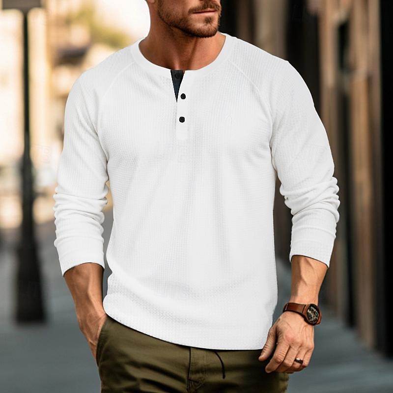 Men's Waffle Tee Button T Shirt T Shirt Henley Shirt Long Sleeve Henley Spring &  Fall Plain Raglan Sleeve Fashion Designer Basic Vacation Street Going out Black White Wine Top Tee for Men2