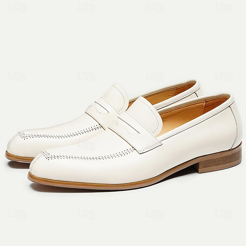 Elegant Men's White Leather Loafers with Classic Penny Slot - Perfect for Business Casual and Formal Occasions2