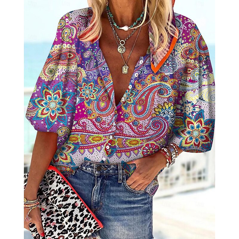 Women's Shirt Blouse Basic Buttons Print Long Sleeve Regular Tops V Neck Casual Pink Red Blue Purple Brown Spring Fall