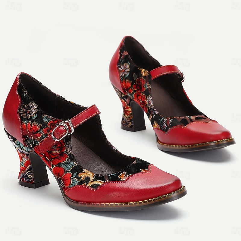 Elegant Vintage Gatsby Red Floral Embroidered Mary Jane Pumps with Chunky Heels-Stylish Women's Dress Shoes2