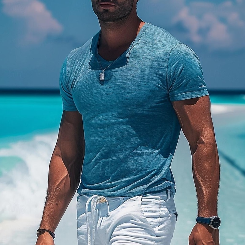 Men's T Shirt Moisture Wicking Shirts Bamboo T-shirt Short Sleeve V Neck Plain Sports Basic Casual Casual Light Blue Black White Top Tee for Men