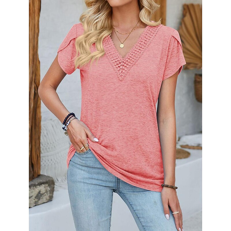Women's Shirt Dressy Tops Plain Stylish Short Sleeve V Neck Regular Tops Daily Lace Pink Dark Green Khaki Gray Summer 5