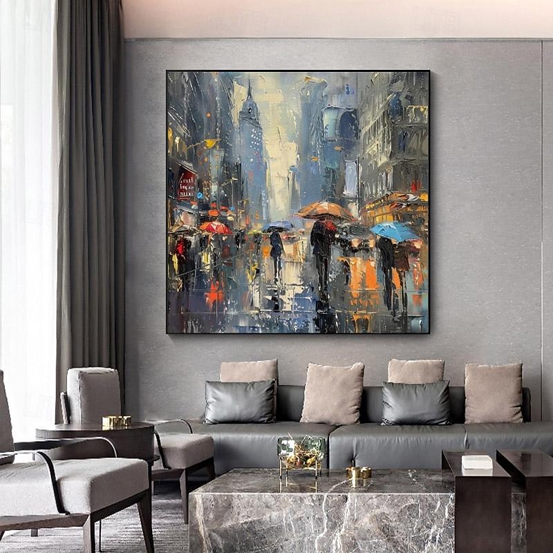 pedestrian With Umbrellas In Rainy City Painting Oil Painting Hand painted Rainy City Oil Painting Handmade Cityscape Art Urban Painting Canvas Home Decor Stretched Frame Ready to Hang or Unframed