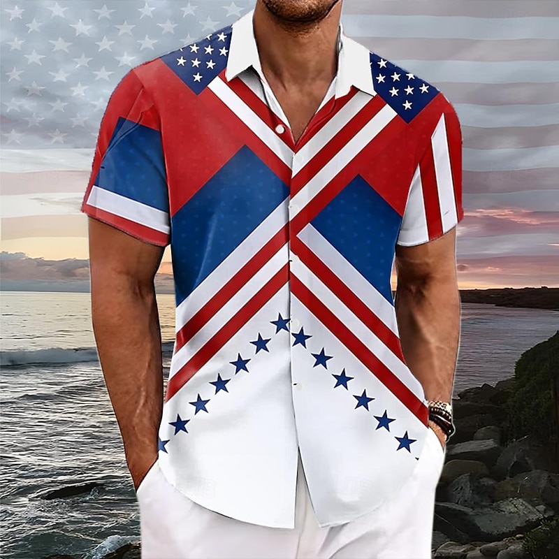 American Independence Day Men's American / USA American Flag National Flag Button Up Shirt Short Sleeve Resort Style Outdoor Casual Holiday Summer Turndown Buttons Pocket White Blue4
