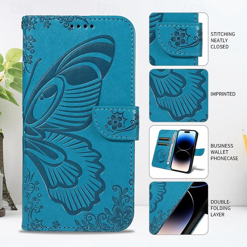 Phone Case For Samsung Galaxy S25 S24 S23 S23 FE S22 S21 Ultra Plus A55 5G A35 5G A25 A15 Back Cover with Stand Holder Magnetic with Wrist Strap Butterfly Retro TPU PU Leather2