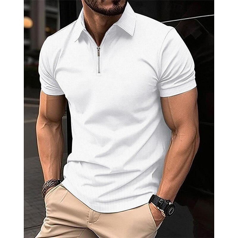 Men's Waffle Polo Shirt Quarter Zip Polo Daily Holiday Turndown Short Sleeve Fashion Basic Plain Spring & Summer Regular Fit Black White Blue Khaki Waffle Polo Shirt2