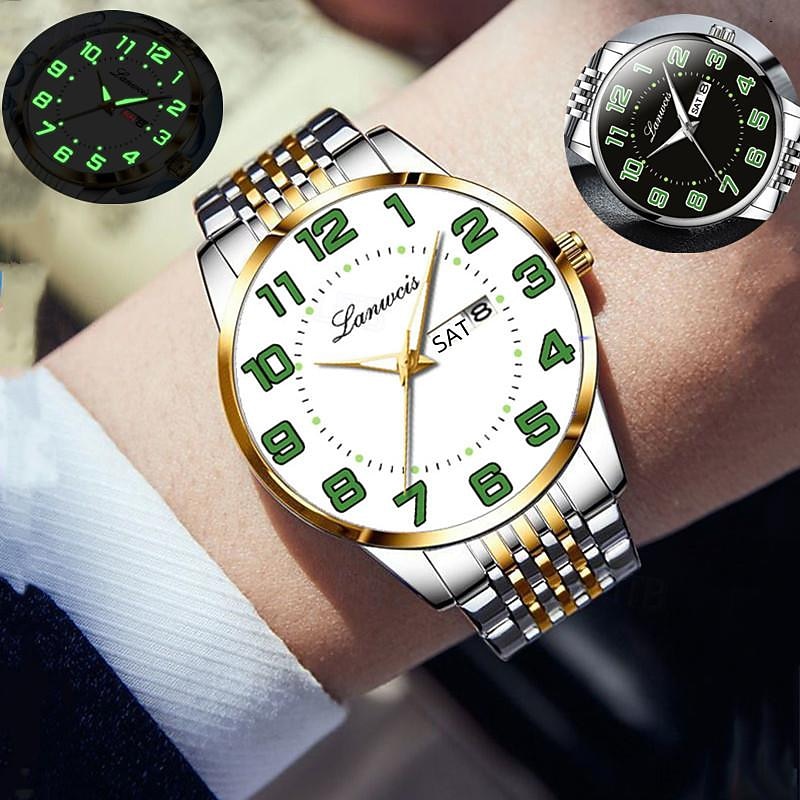 New Stainless Steel With Large Dial Fashion Men'S Business Watch Luminous Calendar Week Display Casual Trend Quartz Watch Brand Luxury Simple Versatile Men'S Sports Watch
