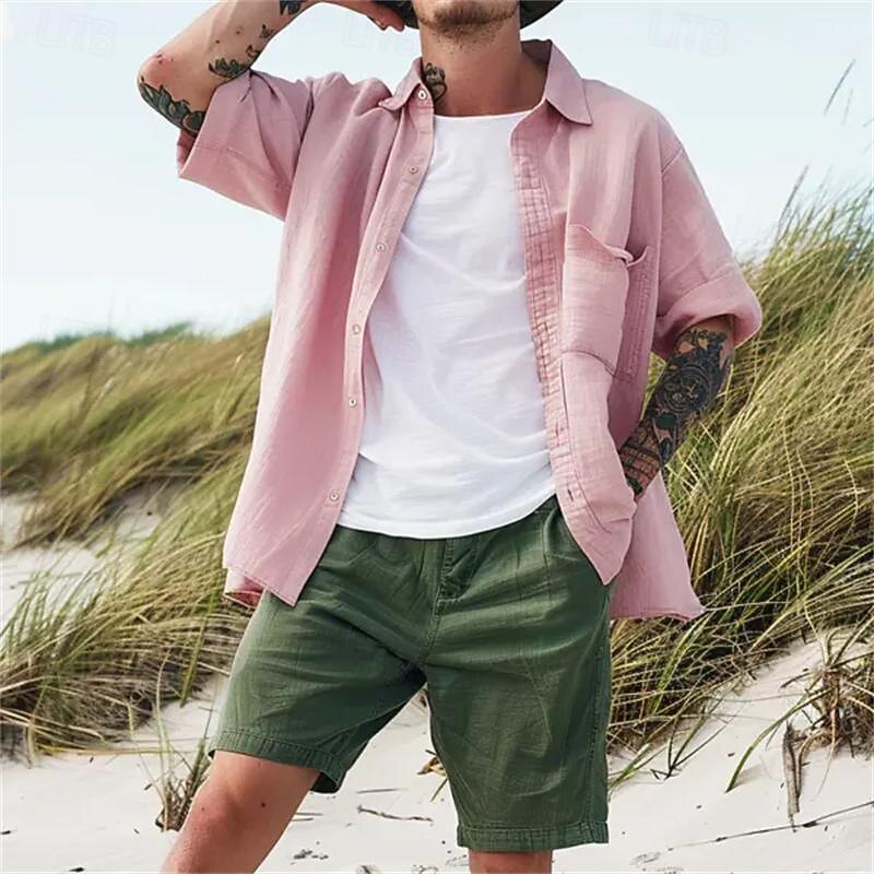 Men's Linen Shorts Summer Shorts Beach Shorts Pocket Drawstring Elastic Waist Plain Comfort Breathable Short Holiday Vacation Beach Hawaiian Boho ArmyGreen Black3