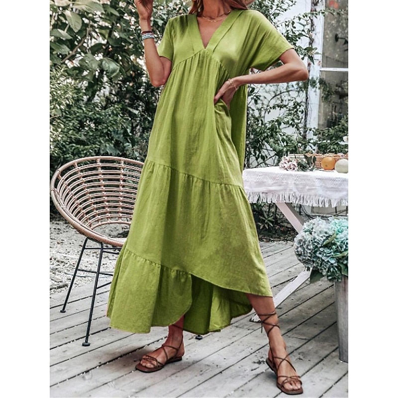 Women's Blue Sky Blue Green Summer Spring Maxi Dress Cotton Linen Dresses Casual Dress Basic Modern Daily Weekend Loose Fit Plain V Neck