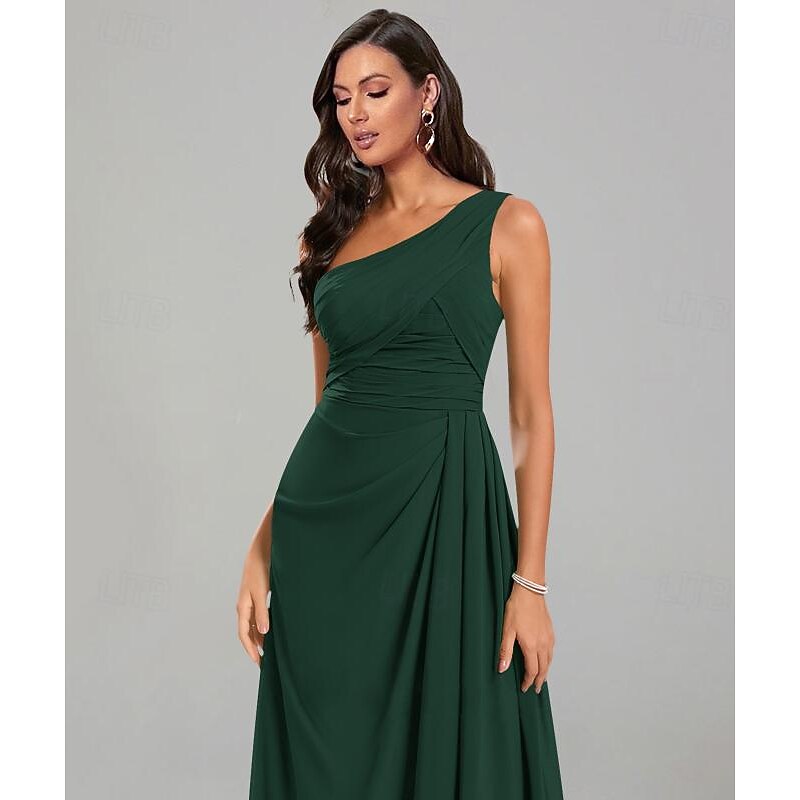 A-Line Wedding Guest Dresses Elegant Dress Black Tie Floor Length Short Sleeve One Shoulder Bridesmaid Dress Chiffon with Ruched3