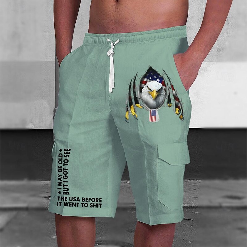 Men's Flag Letter Eagle Shorts Mid Waist Vacation Fashion Streetwear Outdoor Casual Holiday Drawstring Side Pockets Designer Clothing Apparel
