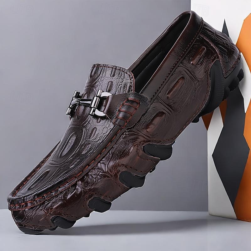 Men's Crocodile Pattern Leather Loafers - Luxury Slip-On Dress Shoes with Metal Buckle for Formal and Casual Wear