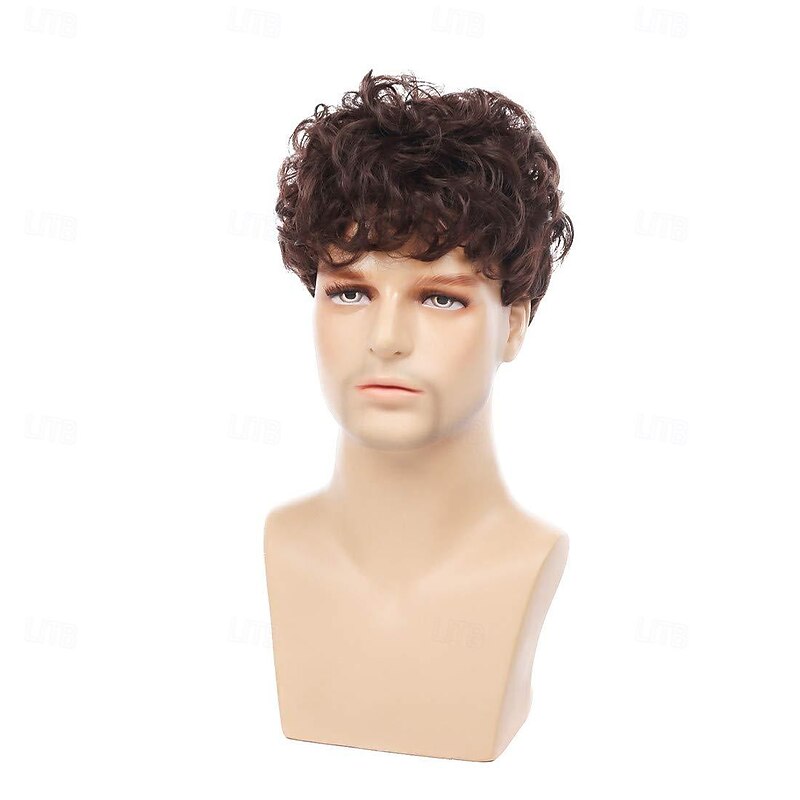 Men Curly Brown Wig Short Layered Fluffy Synthetic Hair Halloween Party Cosplay Costume Full Wigs3