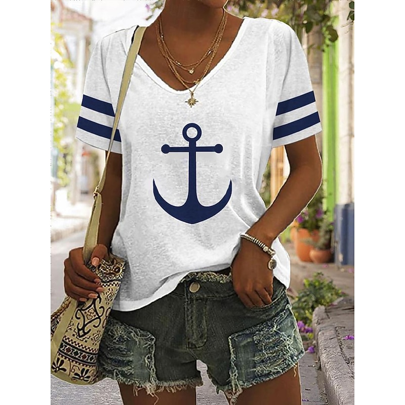 Women's T Shirt Burgundy Tee Basic Anchor Print Short Sleeve Regular Tops V Neck Daily Weekend White Blue