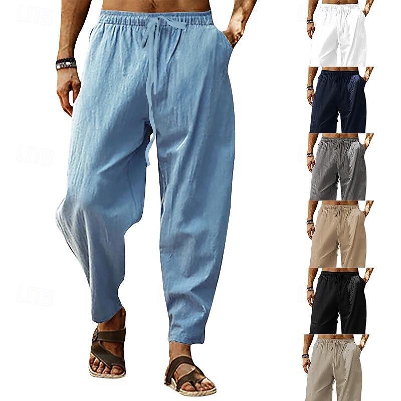 Men's Linen Pants Trousers Summer Pants Harem Pants Pocket Drawstring Elastic Waist Plain Comfort Breathable Full Length Outdoor Daily Holiday Fashion Classic Style Black White4