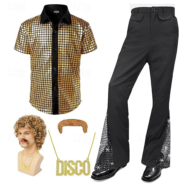 Mens 70s Disco Shirts Flared Trousers Metallic Sequins Short Sleeve Button Down Shirts Retro Vintage 1970s Costume Performance Party Stage Halloween