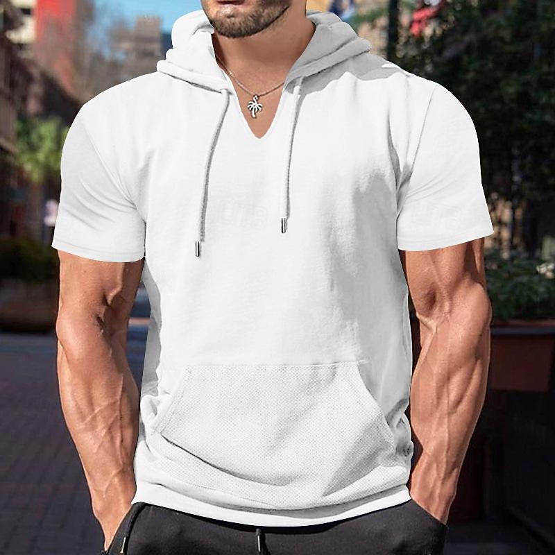 Men's Hoodie Tee Top Short Sleeve V Neck Summer Color Block Fashion Designer Comfortable Hooded Outdoor Casual Daily Black White Brown Top Tee for Men