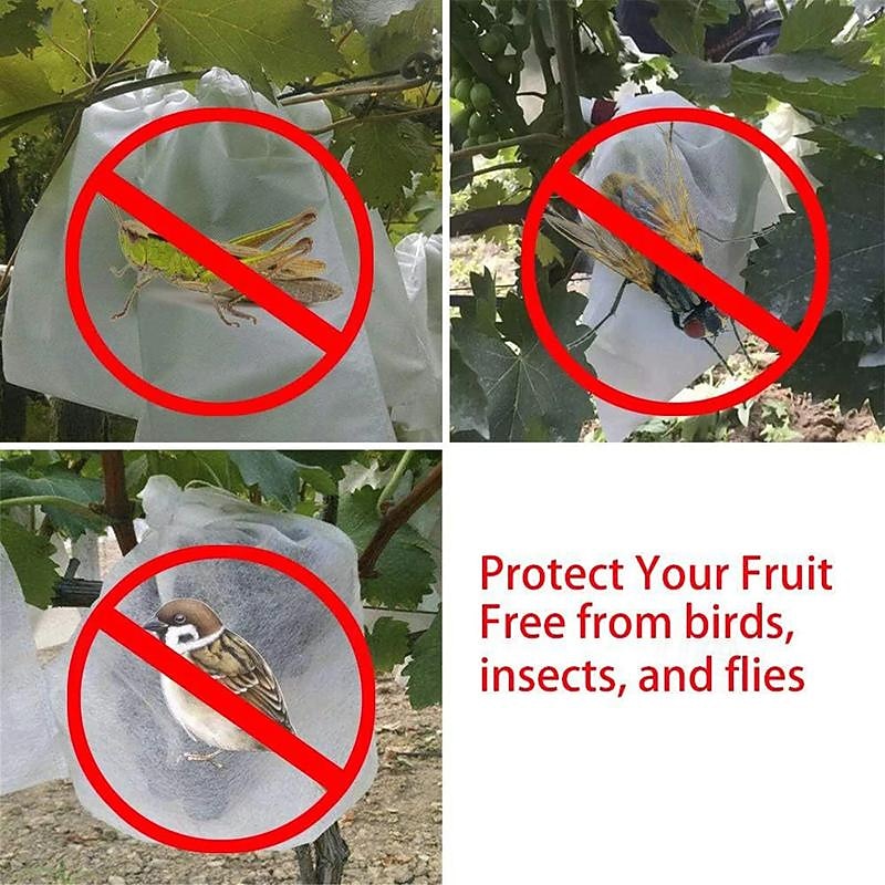 100pcs White Fruit Protection Bags 30x20cm/11.8x7.9 inch Fruit Cover Mesh Bag with Drawstring Protecting Vegetables and Fruits from Birds and Pests Non-woven Cloth Strawberry Grape Grow Bags Antifr3