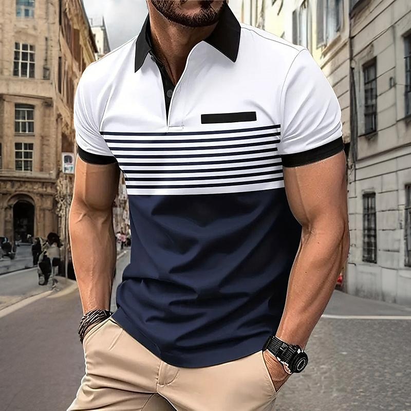 Men's Striped Polo Shirts Golf Shirt Short Sleeve Polo Shirts Collared Shirts Business Casual WorkWear Formal Wear Festival Wear 3D Print Buttons Spring & Summer White Wine Orange