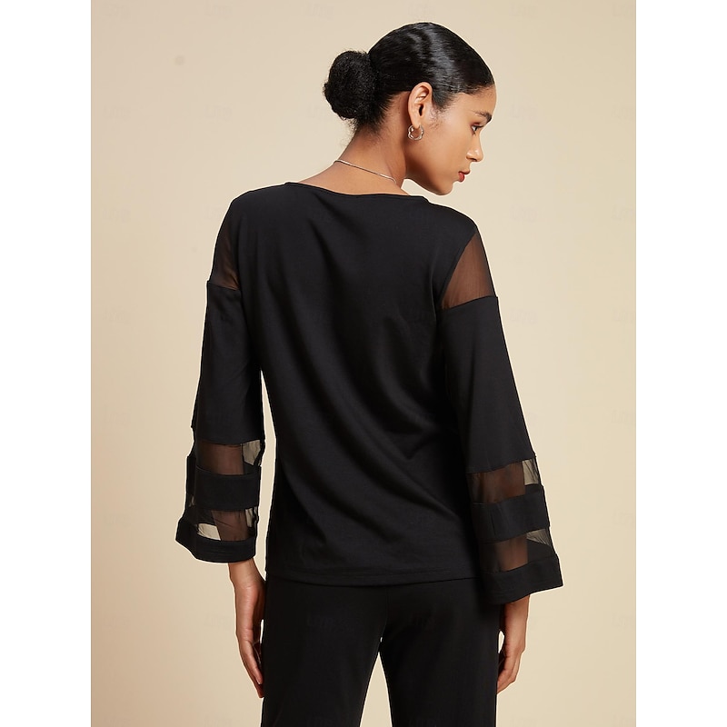 Women's Casual Style Chiffon Modal Solid / Plain Color Daily Wear Date Going out Illusion Sleeve Black Crewneck Pure Color Loose Long Sleeve Elegant Casual Daily Crew Neck Spring & Summer2