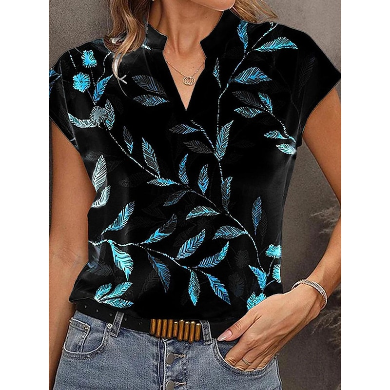 Women's T Shirt Floral Fashion Modern Short Sleeve V Neck Regular Tops Daily Print Black White Summer - Main Image