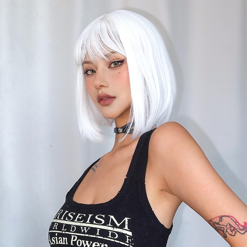 Synthetic Wig Uniforms Career Costumes Princess Straight kinky Straight Middle Part Layered Haircut Machine Made Wig 12 inch White Synthetic Hair Women's Cosplay Party Fashion White4
