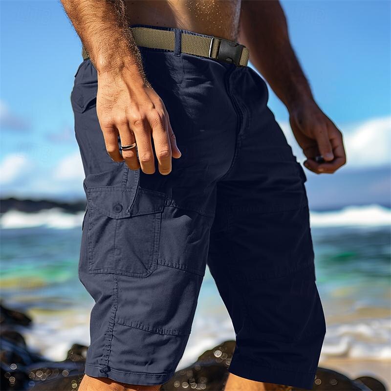 Men's Cargo Shorts Shorts Casual Shorts Hiking Shorts Zipper Pocket Leg Drawstring Plain Comfort Breathable Calf-Length Outdoor Daily Going out Fashion Streetwear Navy Blue Green