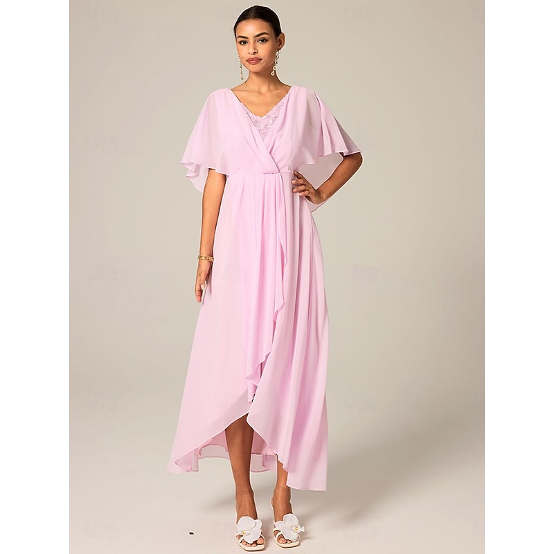 Women's Wedding Guest Cocktail Dress Chiffon Lace Split Elegant Formal A Line Maxi Dress V Neck Short Sleeve Pink Color3