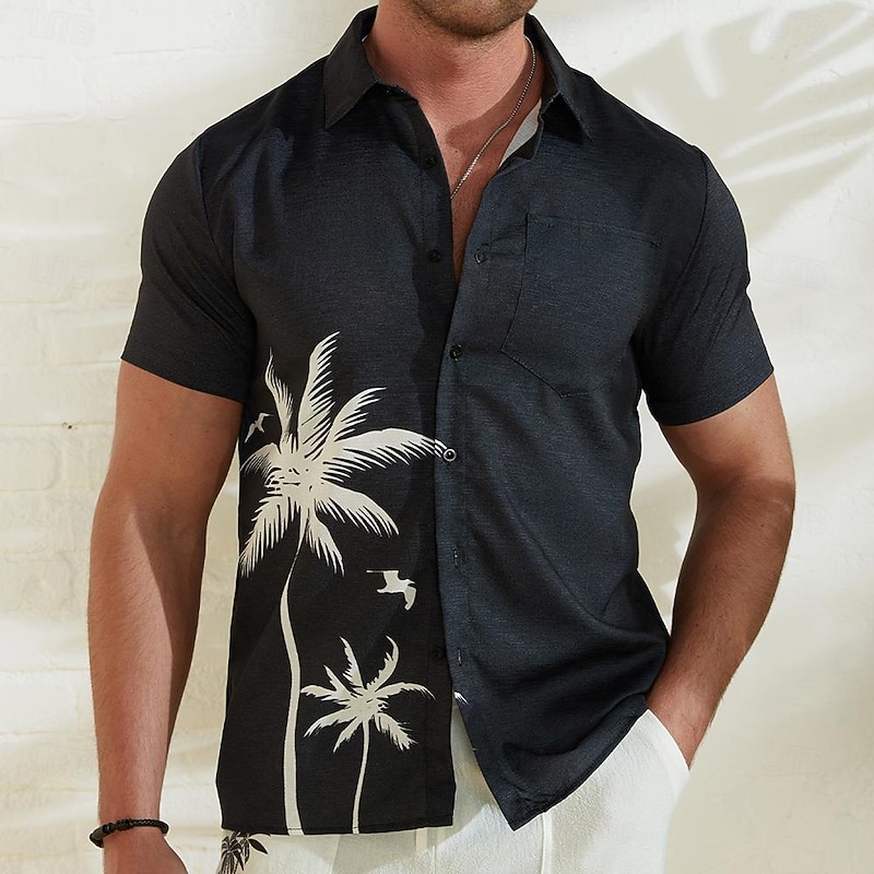Men's Coconut Tree Tropical Plants Shirt Summer Hawaiian Shirt Aloha Shirt Short Sleeve Shirt Stand Collar Casual Outdoor Vacation Street Black S M L